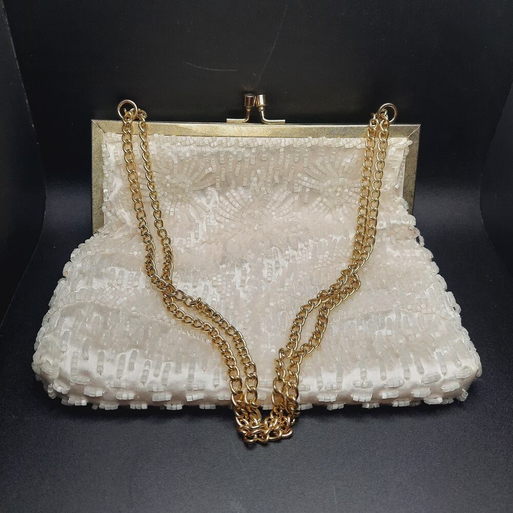 Vintage Hand Beaded Evening Bag Clutch Ivory White Glass Seed Beads Honk Kong